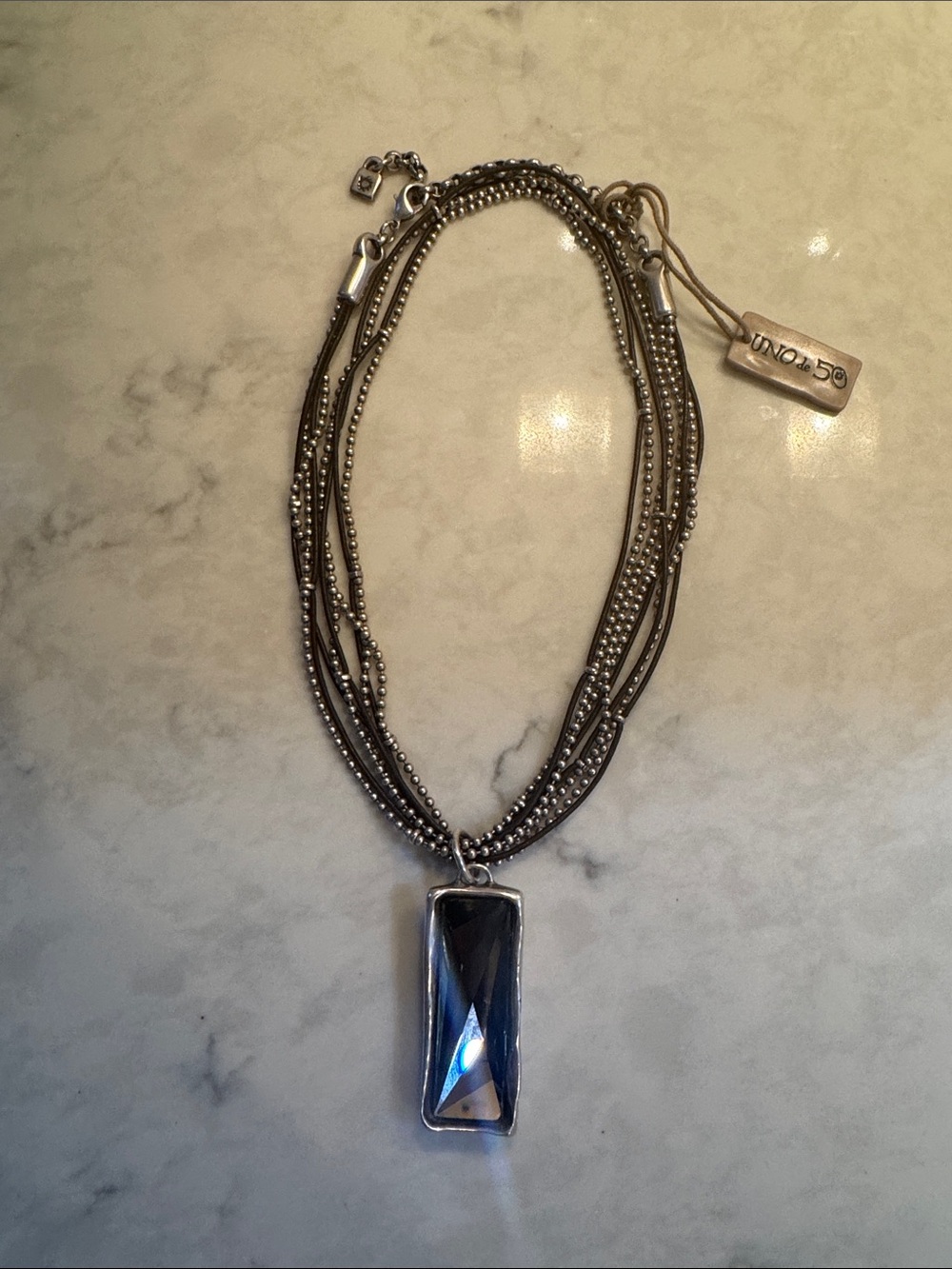 UNO de 50 Black Rectangular Stone Multi-Strand Necklace